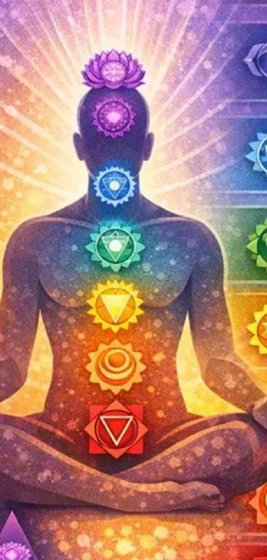 Meditating figure with seven glowing chakras